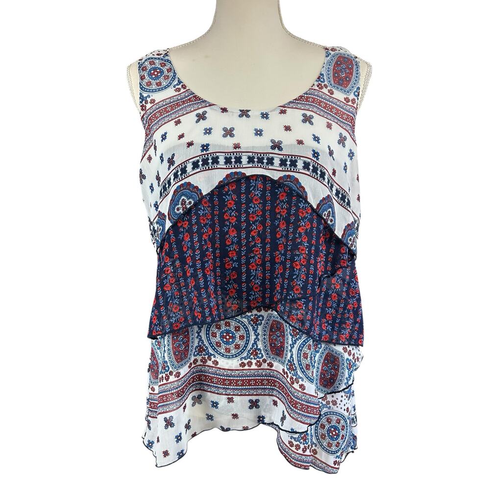 Live and Let Live Top Women Sz Medium White Red Blue Flowy Tiered Chiffon Blouse